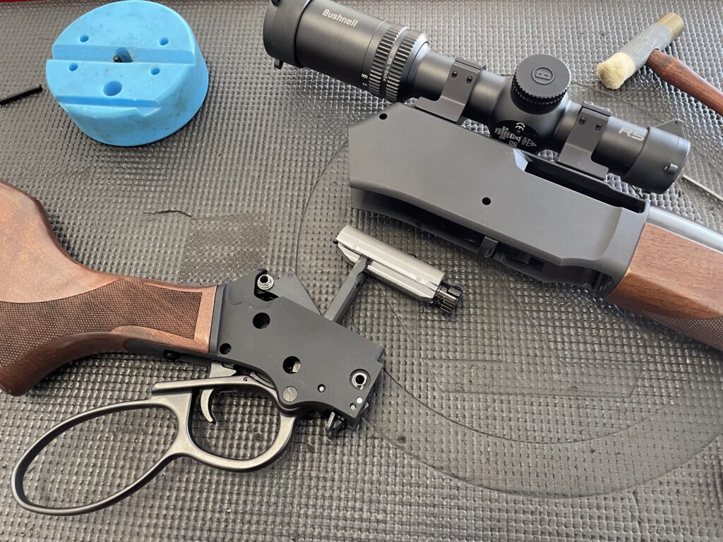 Henry Lever Action Supreme disassembled in two sub assembles